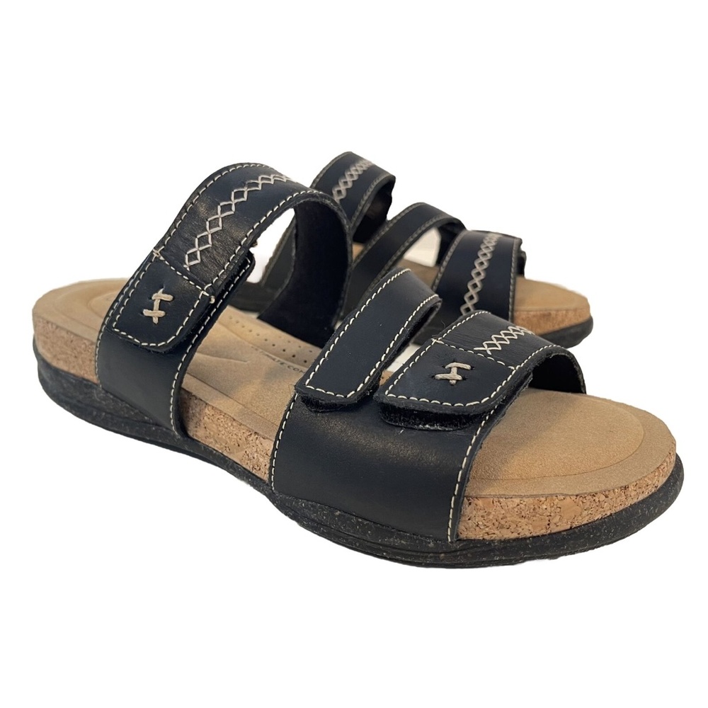 Clarks Women's Roseville Bay Slides Sandals Black Leather Flats Shoes Size 5.5 h